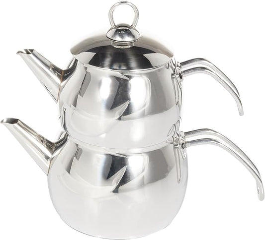 Karaca Belinay Teapot Set Medium Silver, 18/10 Stainless Steel, Teapot/Lid (1 lt, 2.2 lb), Tea Kettle (1.6 lt, 3.5 lb), Suitable for Induction, 2 Years Warranty