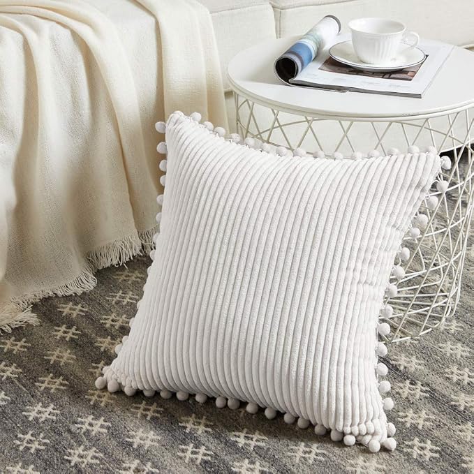 Fancy Homi 2-Pack Cream Corduroy Pom Pom Throw Pillow Covers, 18x18 Inch
