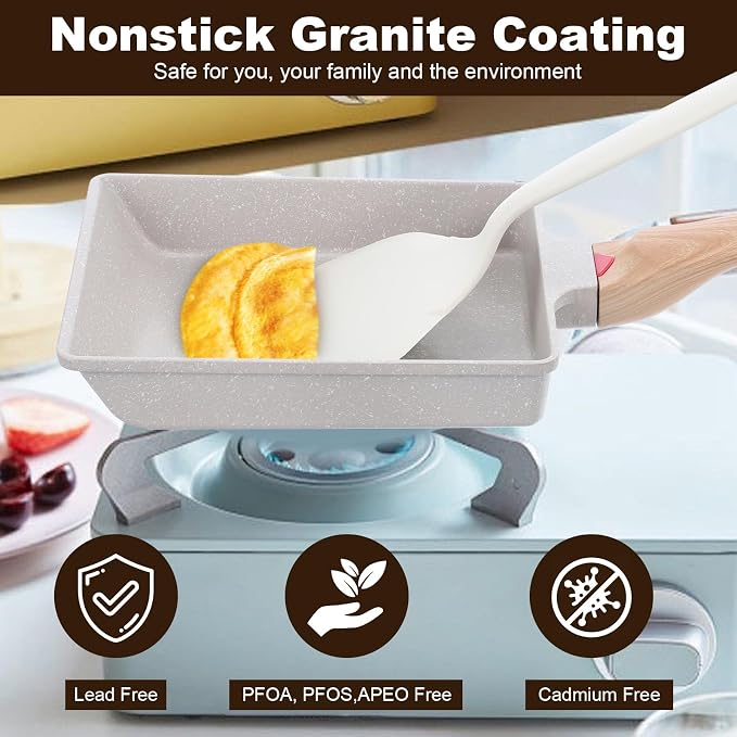 Japanese Omelette Pan, Tamagoyaki Egg Pan, Nonstick Frying Pan with Spatula, Healthy Granite Cookware, PFOS & PFOA Free, 6" x 7" (White)