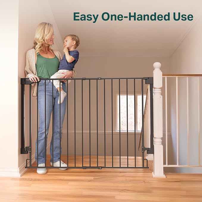 Cumbor 34" Extra Tall No Bottom Bar Baby Gate for Stairs, Hardware Mounted Dog Gate Indoor for Larger Pets, Expandable 31.6-48" Safety Gate for Doorways, Wide Walk Thru Door for Easy Access (Black)