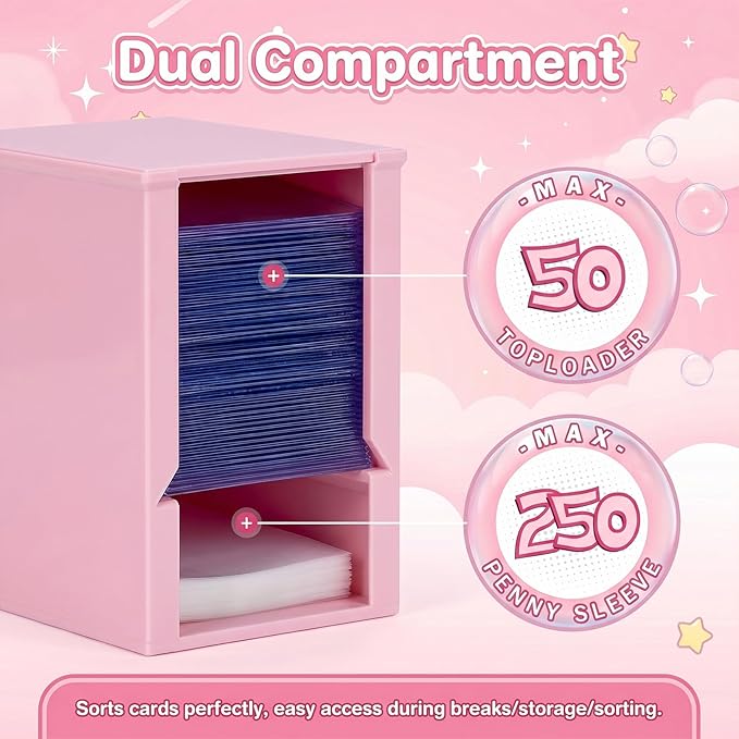 Toploader Dispenser & Penny Sleeve Holder - Dual Compartment Holds 250 Penny Sleeves & up to 50 Top Loaders, Stackable Card Storage Box with Dustproof Lid (Pink)