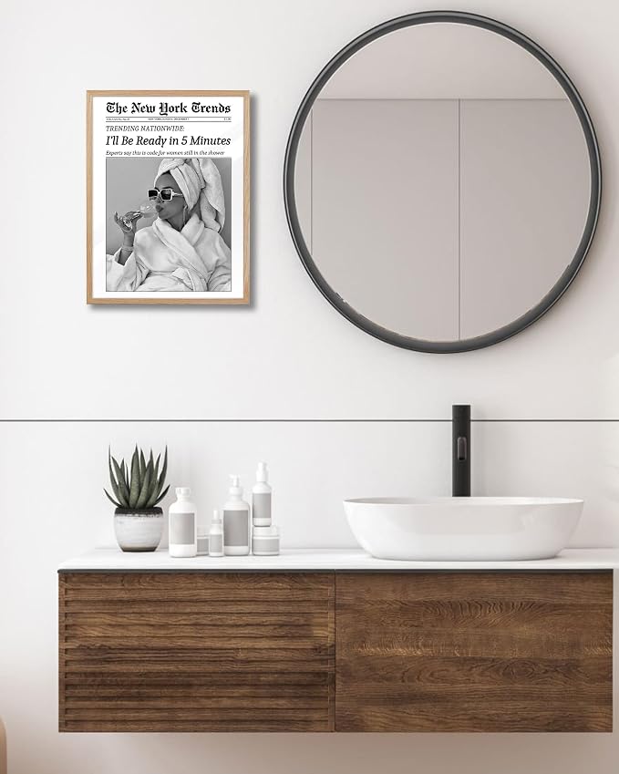 EcoHest Small 8x10 in I'll Be Ready in 5 Minutes Newspaper Framed Wall Art | Natural Oak Wood Frame with Canvas Wall Art, Feminist Newspaper Wall Decor for Bathroom, Bedroom, Apartment, Dorm Room, 1Pack