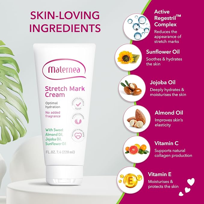 Stretch Mark Cream for Pregnancy – Nourishing Maternity Skin Care with Almond, Jojoba Oils, Vitamins C and E – Helps Hydrate and Improve The Look of Stretching Skin – 7.44 FL. OZ. (220ml)