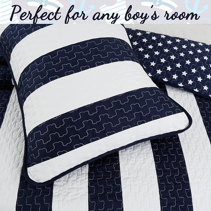 Cozy Line Home Fashions Sailor Popeye 's Bedding Quilt Set, Nautical Navy Blue White Star Striped 100% Cotton Reversible Coverlet Bedspread for Kids Boy (Sailor Star, Twin - 2 Piece)