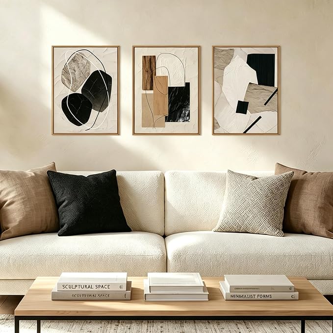 BINCUE Framed Abstract Wall Art Neutral Modern Wall Decor for Living Room Bedroom Bathroom Office 12x16 Inch Set of 3