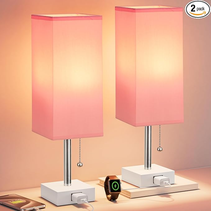 Fenmzee Pink Bedside Table Lamps for Bedroom - Small Nightstand Lamp Set of 2 with AC Outlet Charging Port, Cute Desk Lamp for Teens Room Decor, Dorm Room Essentials