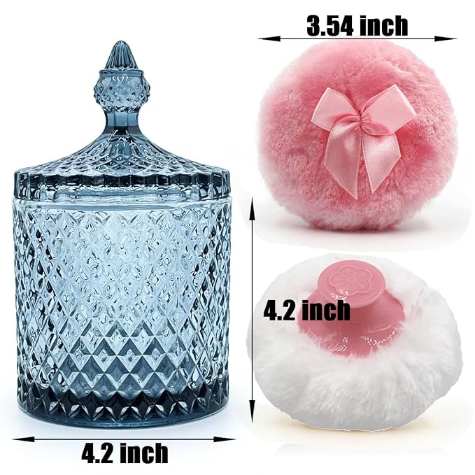 Luxury 4.2 Inch Glass Powder Container with 2 Plush Puffs｜Non-Sealed Organizer for Body Powder&Makeup｜Setting Loose Powder Applicator with Storage(Pointed Cylinder-Gray Blue-Large