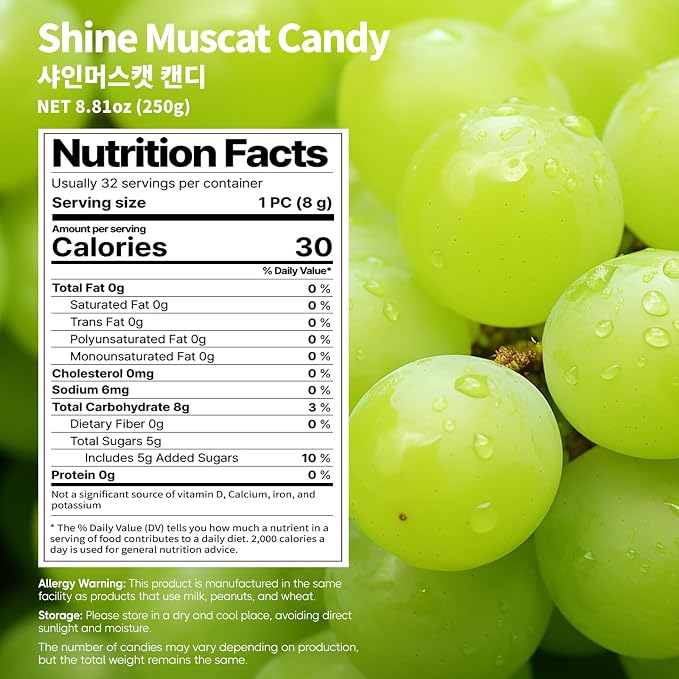 COELO Shine Muscat Grape Candy 8.81oz (250g) | Green Grape Flavor Premium Korean Fruit Treats Hard Candy Snack | Office Pantry Travel Camping Party K-Food Individually Wrapped On-The-Go Snack 샤인머스켓 캔디