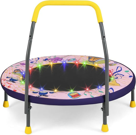 GYMAX 36” Toddler Trampoline with Lights, Folding Springless ASTM Approved Small Kids Rebounder with Foam Handle, Safety Padded Cover & Foldable Legs, Mini Indoor Baby Trampolines