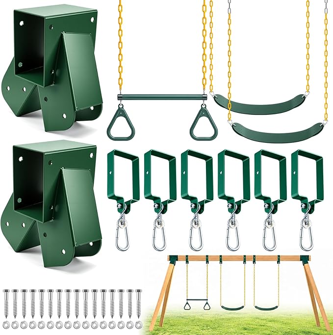 Dunzy Swing Set Brackets Including 2 Pcs A-Frame Swing Brackets, 6 Pcs Heavy Duty Swings Hangers, 2 Swings Seats, 1 Ring Trapeze Bar with All Mounting Accessories for Playground Equipment Outdoor Play