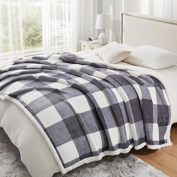 PU MEI Sherpa Blanket Fleece Throw Blanket Twin Plaid Thick Bed Blanket, Soft Warm Cozy Grey Checkered Throw Blanket 60"*80"