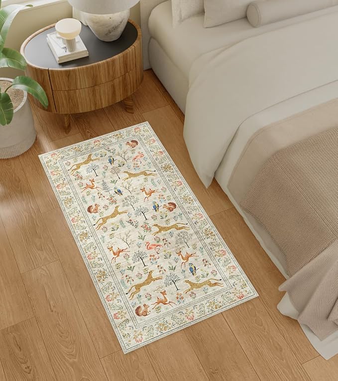 DUKINO 2x5 Rug for Hallway, Washable Animal Runner Rug Non Slip, Beige | Low Pile, Stain Resistant, Soft Indoor Carpet Runner for Kitchen, Entryway, Bedroom, Bathroom, Pet Friendly, Lightweight
