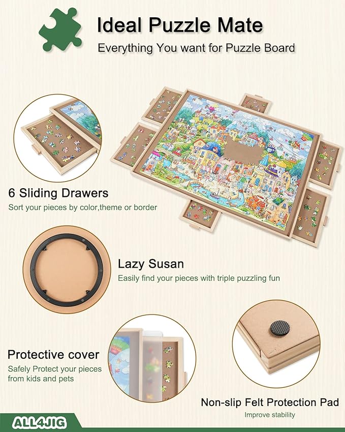 ALL4JIG 2000 Pieces Rotating Puzzle Board with 6 Drawers and Cover,28"x40"Portable Wooden Jigsaw Puzzle Table for Adults,Lazy Susan Spinning Puzzle Boards Birthday Gift for mom