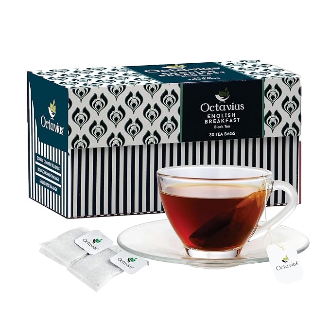 Octavius English Breakfast Black Tea Bags | Strong Indian Black Tea | Rich & Malty Flavor | Premium Black Teas for Morning Energy | Classic English Breakfast Teas | 30 Bags Pack