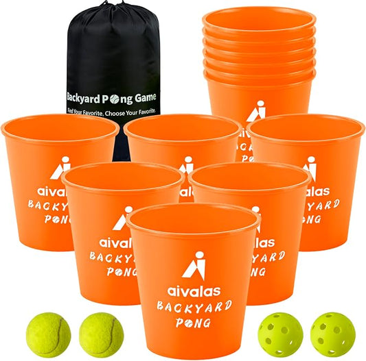 Aivalas Yard Pong Outdoor Games, Giant Yard Games Set with 12 Buckets and Balls for Adults and Family, Toss Game Throwing Games for Beach, Camping, Lawn and Backyard