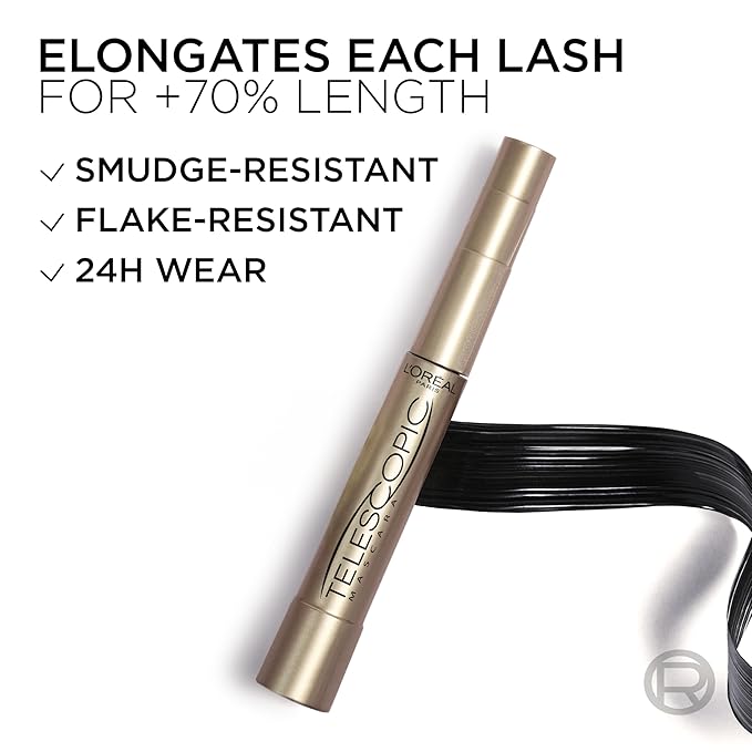 L’Oreal Paris Makeup Original Telescopic Mascara, Separating Mascara Volume and Length Formula, Washable, Blackest Black, 0.27 Fl Oz., 1 Count