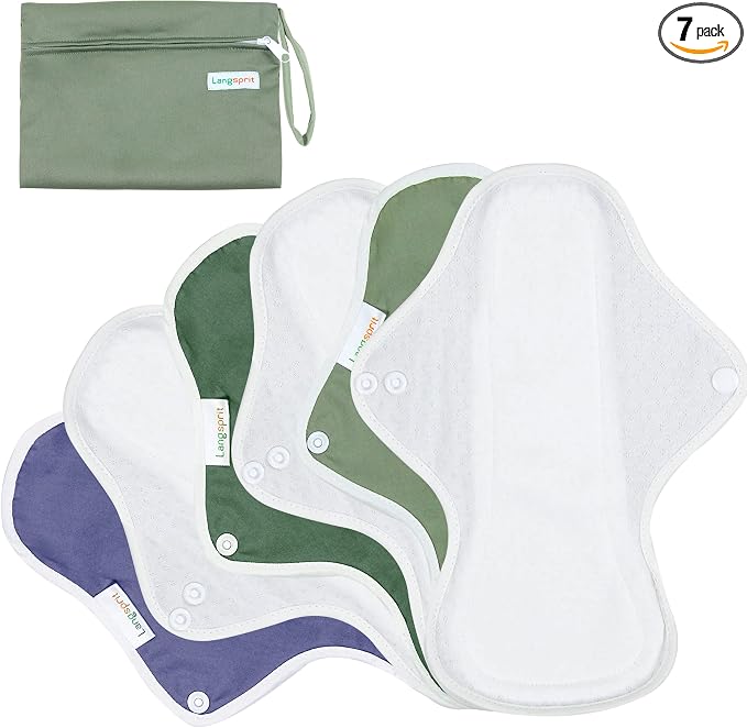 Langsprit Reusable Sanitary Pads for Women, Feminine Pads for Women Regular Absorbency Cotton Washable Cloth Menstrual Pads 6pcs Set with Mini Wet Bag Leakfree and Periods (Medium)