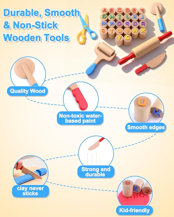 Wooden Dough Tools Kit for Kids, Dough Accessories with Rolling Pins, Pizza Cutter, Safety Scissors & 26 Letter Stamps, Educational Alphabet Learning Toys Gift for Toddlers Ages 3–6