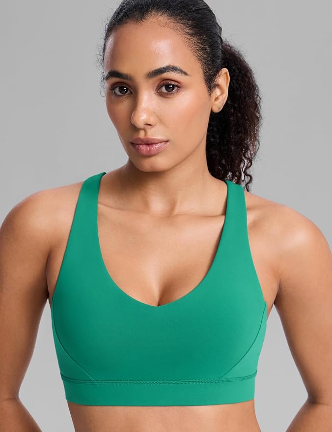 CRZ YOGA Butterbreeze Criss Cross Back Sports Bras for Women - V Neck Adjustable Straps Padded Workout Training Crop Top
