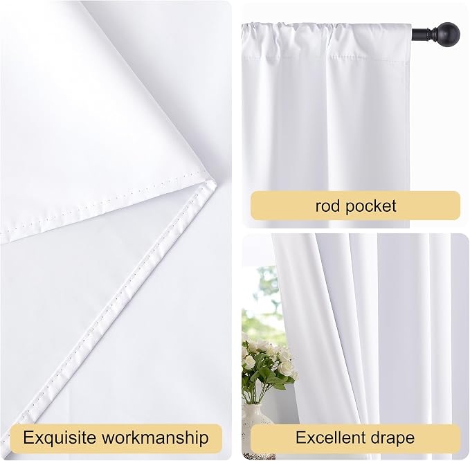 NICETOWN Bedroom 100% Blackout Curtains, 2 Panels, 42 by 48, Snow White, Window Treatment Rod Pocket Curtains/Drapes for Bedroom