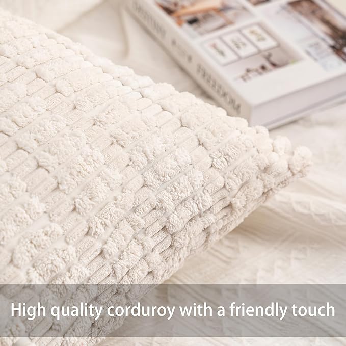 Aegero Pack of 2 Corduroy Decorative Throw Pillow Covers 18x18 Inch,White | Fall Soft Striped Pillow Covers Modern Farmhouse Home Decor Christmas Throw Pillow Covers for Sofa Living Room Couch Bed