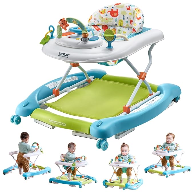 VEVOR 4-in-1 Baby Walker, Folding Baby Activity Center with Wheels, 3 Adjustable Height, Music & Toys Tray, Learning-Seated | Walk-Behind | Rocker | Bouncer Toddler Walker for Girls Boys 6-24 Months