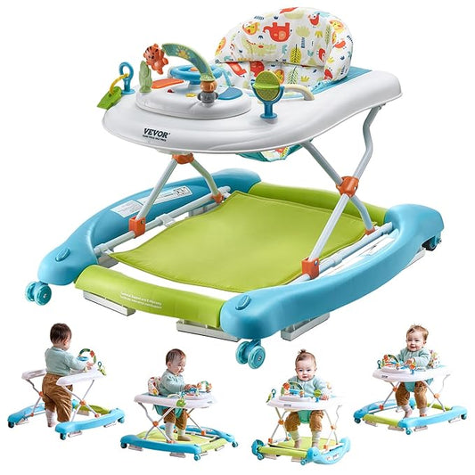 VEVOR 4-in-1 Baby Walker, Folding Baby Activity Center with Wheels, 3 Adjustable Height, Music & Toys Tray, Learning-Seated | Walk-Behind | Rocker | Bouncer Toddler Walker for Girls Boys 6-24 Months