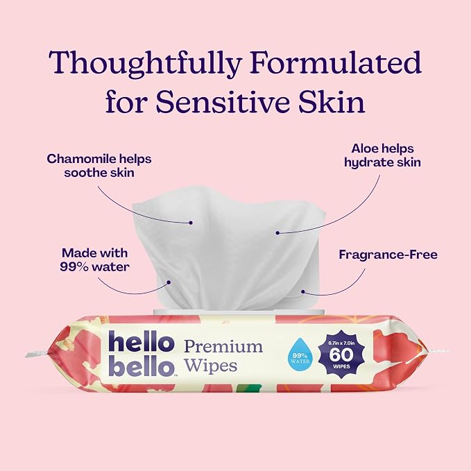 Hello Bello Premium Wipes, Designed for Sensitive Skin with Chamomile & Aloe Extracts, Rosy Posy (12 Resealable Packets = 720 Total Wipes)