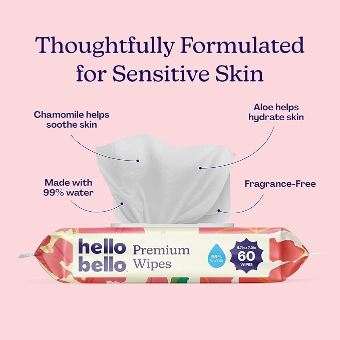 Hello Bello Premium Wipes, Designed for Sensitive Skin with Chamomile & Aloe Extracts, Rosy Posy (18 Resealable Packets = 1080 Total Wipes)