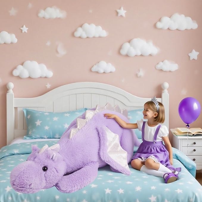 ARELUX Giant 52in 3Lb Big Purple Dragon Large Stuffed Animals Cute Plush Toy Fuzzy Jumbo Dinosaur Pillow Plushies with Wings Cuddly Soft Green Pterosaur Plushie for Friends Family Member