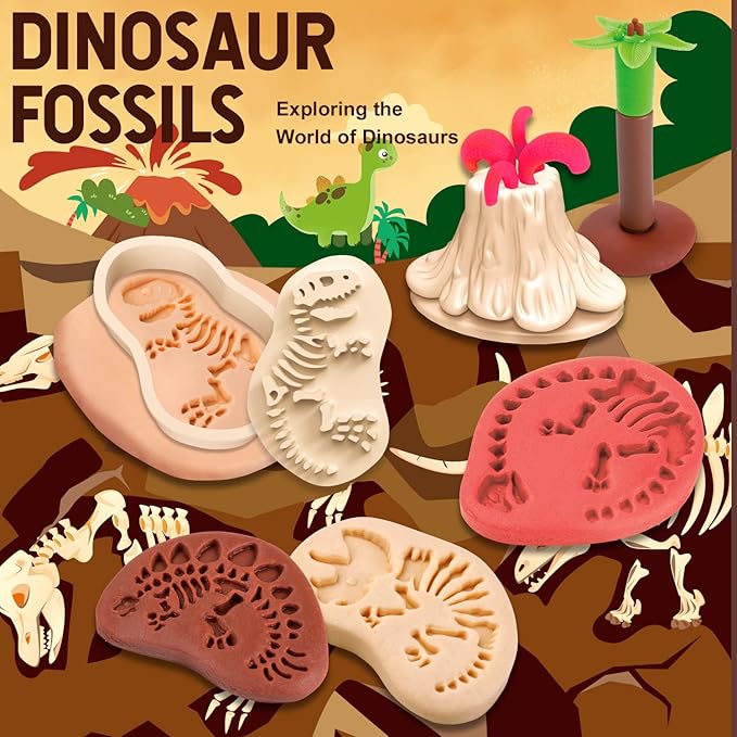 Color Dough Sets for Kids Ages 4-8, Dinosaur Toys Dough Tool Sets for Boy Girls, Volcano Fossils Tools Color Dough Accessories Toys for Kid Age 5-7 Years 13 Piece