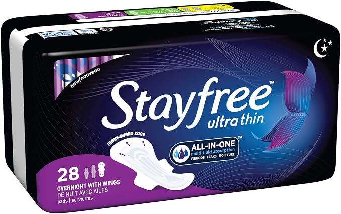Stayfree Ultra Thin Overnight Pads with Wings, For Women, Reliable Protection and Absorbency of Feminine Moisture, Leaks and Periods, 28 Count