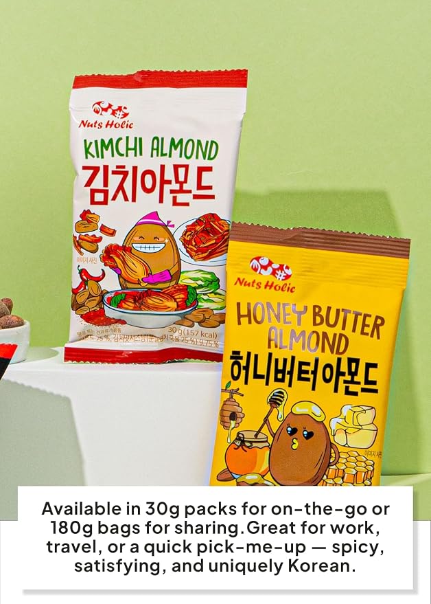 Korean Food Nuts Holic Kimchi Almond, Savory & Spicy, 8Pk 1.05 oz Each | Savory and spicy kimchi-flavored seasoned almond snack in convenient individual packs