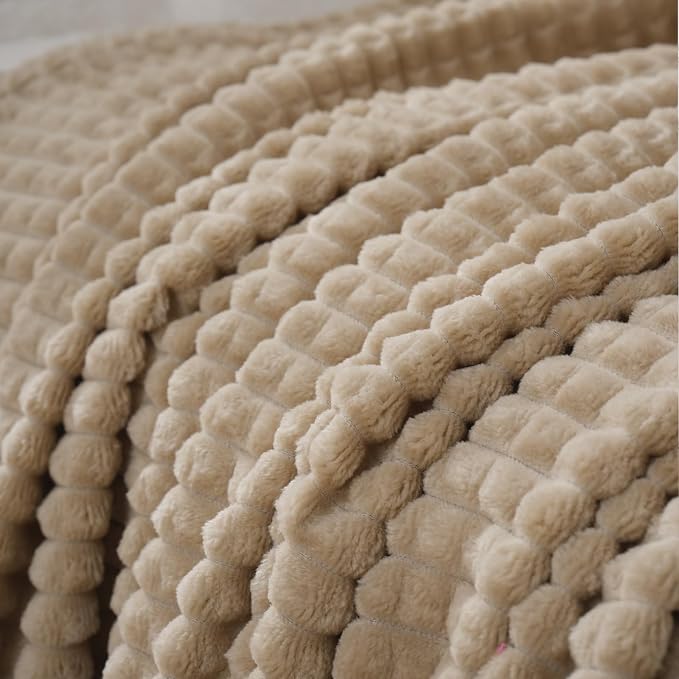 Puncuntex Fleece Throw Blanket Khaki 50"×60" with Square Grid Design | Super Soft Plush Cozy Flannel Throw Blanket Luxury for Couch Sofa Chair
