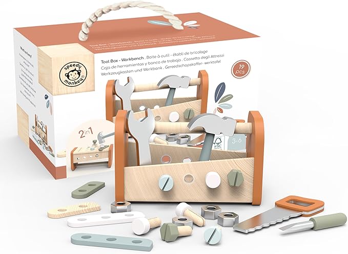Speedy Monkey 2-in-1 Wooden Tool Box Workbench – FSC Certified Pretend Play Workshop Set for Kids with Tools, Wrench, Hammer & Saw – Role Play Car & Construction Toy for Toddlers & Preschoolers