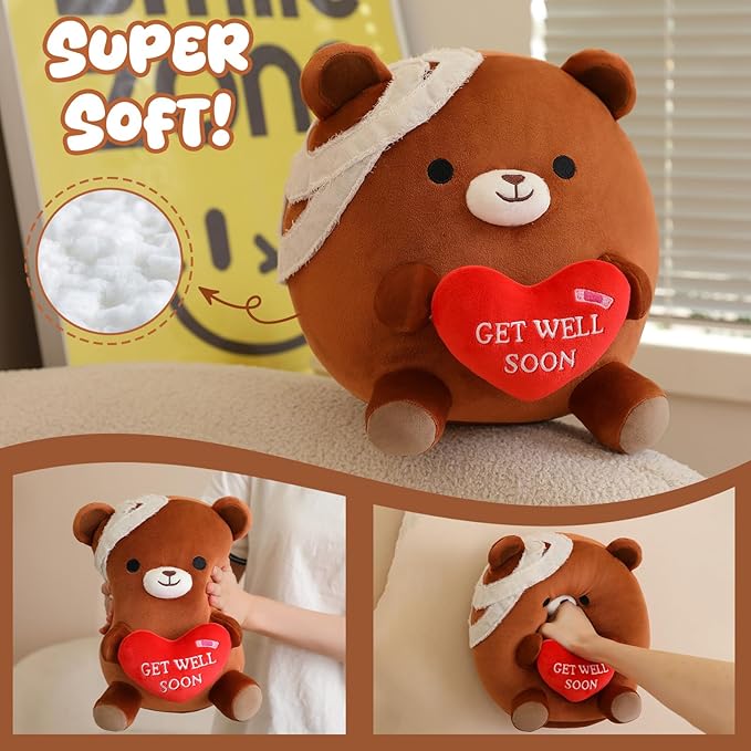 Get Well Soon Bear Plush, Cute Brown Bear Stuffed Animal, Soft Feel Better Gifts for Kids Women Men