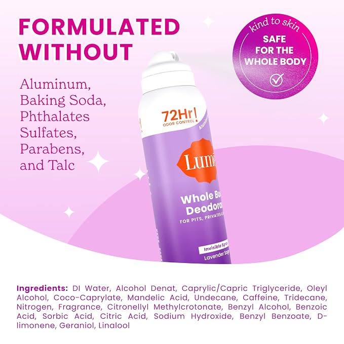 Lume Invisible Spray Deodorant For Women - Whole Body Deodorant Spray - 72 Hr Odor Control - Ozone Friendly, Natural Propellant - Aluminum & Baking Soda Free, Skin Loving - 3.6 ounce (Lavender Sage)