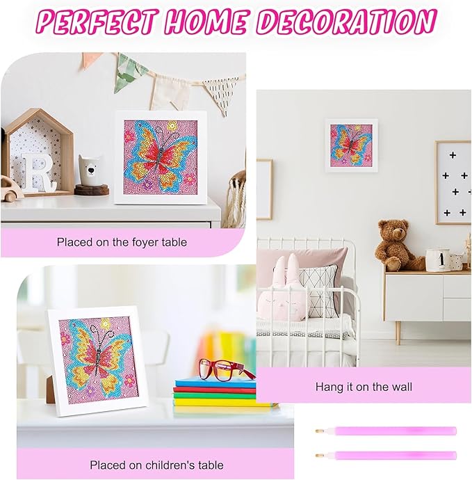 Art Kit for Kids with Frame, 7x7inch,for Diamondart and Crafts for Kids Ages 6-8-12, Easy DIY Gem Art by Number Boys for Birthday Christmas Gifts(Butterfly)