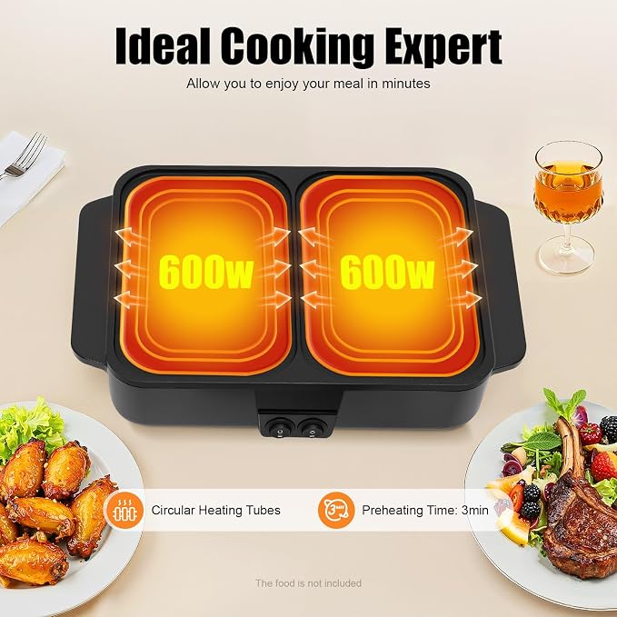 Hot Pot Electric with Grill,2 in 1 Indoor Non-Stick Electric Pot and Griddle,Independent Dual Temperature Control,for Korean BBQ, Steaks, Noodles & More
