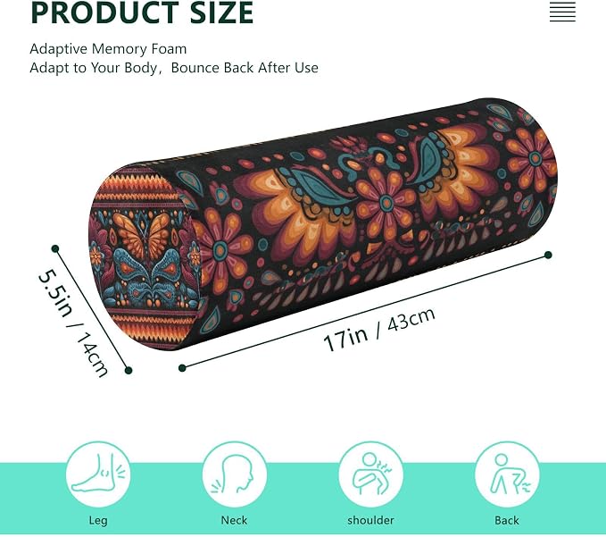 Neck Roll Pillow Bolster Pillows Round Health Memory Foam Long Round Cervical Cylinder Body Removable Washable Cover Bed Legs Back Yoga Mexican Otomi Black