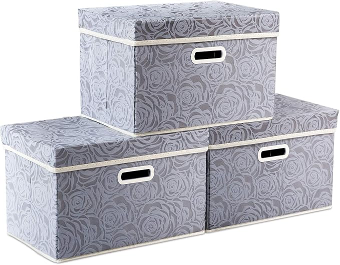Collapsible Storage Boxes with Lids Fabric Decorative Storage Bins Cubes Organizer Containers Baskets with Cover Handles Divider for Bedroom Closet Living Room 14.9x9.8x9.8 Inch 3 Pack