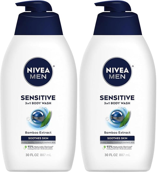 Nivea Men Sensitive Body Wash for Sensitive Skin with Bamboo Extract, Bottle,30 Fl Oz(Pack of 2)