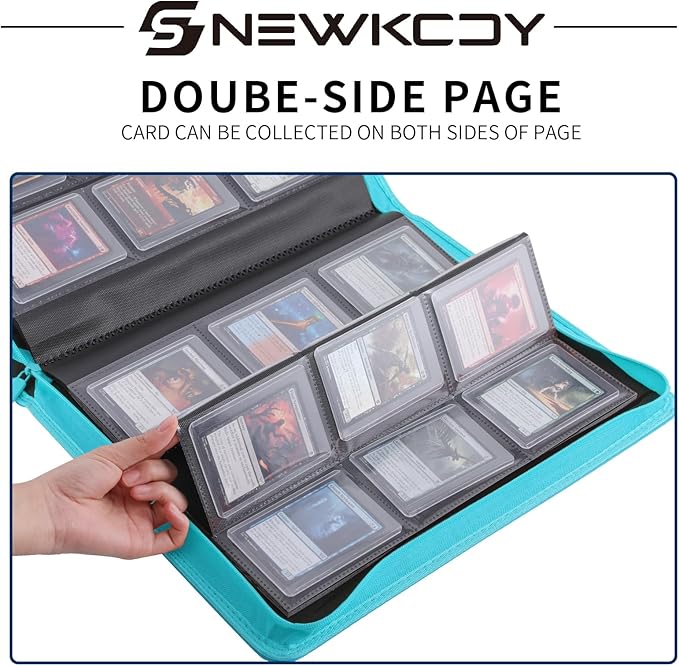 Snekdy Top loader Binder, 9 Pockets Top Loader，Holds 360 Top Loaders cards, Card binder with Sleeves for card in 3 x 4 inch color smooth Zipper PU Leather (Turquoise)