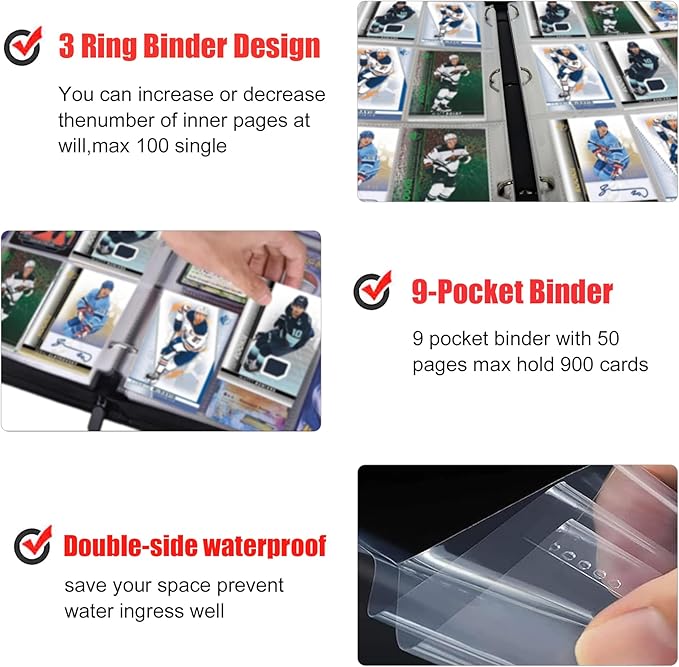 900 Pockets Hockey Card Binder, Portable Waterproof Card Storage Book with Removable Sleeves, Compatible with Hockey and Sports Cards