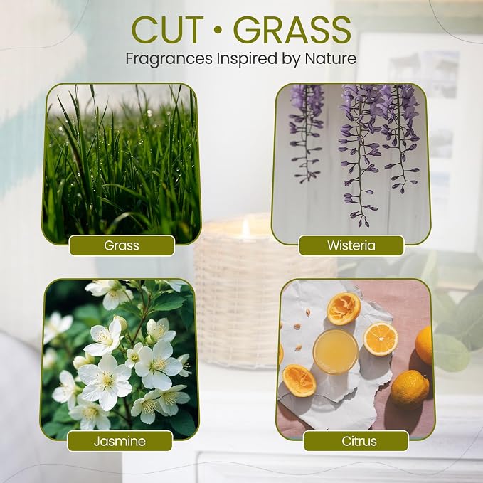 Cut Grass Scented Candle – 12oz Luxury Soy Wax, 2-Wick in Handwoven Glass Jar, Fresh-Cut Wisteria and Jasmine - 75+ Hour Clean Burn, Made in USA