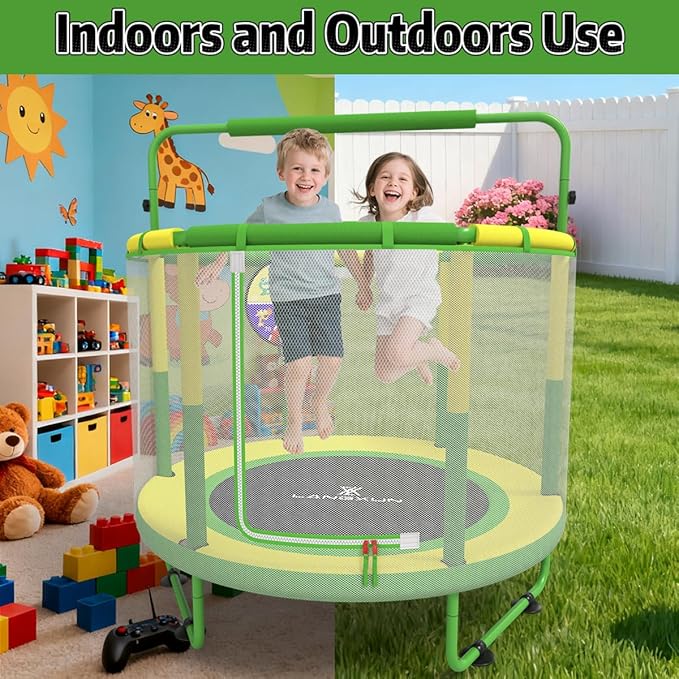 LANGXUN 60" Trampoline for Kids, 5ft Toddler Mini 6-in-1 Trampoline Indoor Outdoor with Swing, Basketball Hoop, Dart Board, Gymnastics Bar, Rings, Christmas Toys Birthday Gifts for Girls Boys