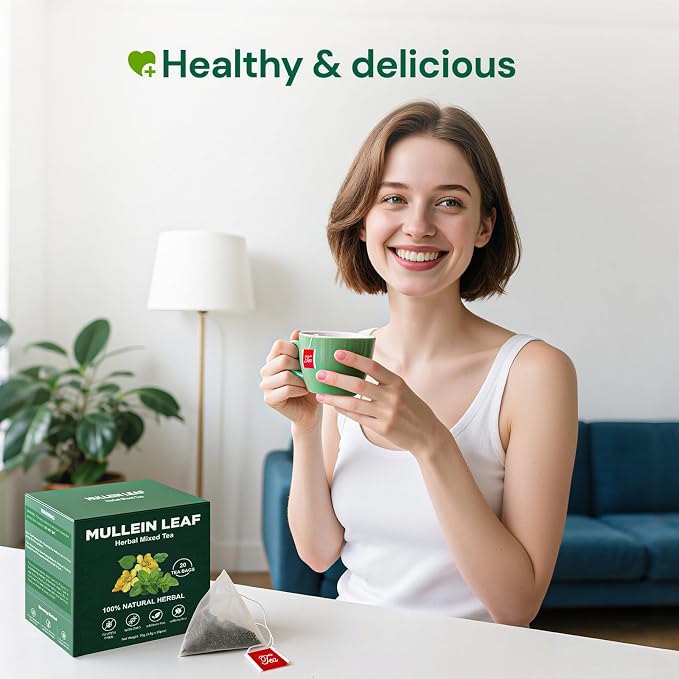 Natural Mullein Tea Bags for Lungs -Mullen Leaf & Herbal Blend Mint Leaves for Respiratory Support & Detox Tea Caffeine-Free 20Bags