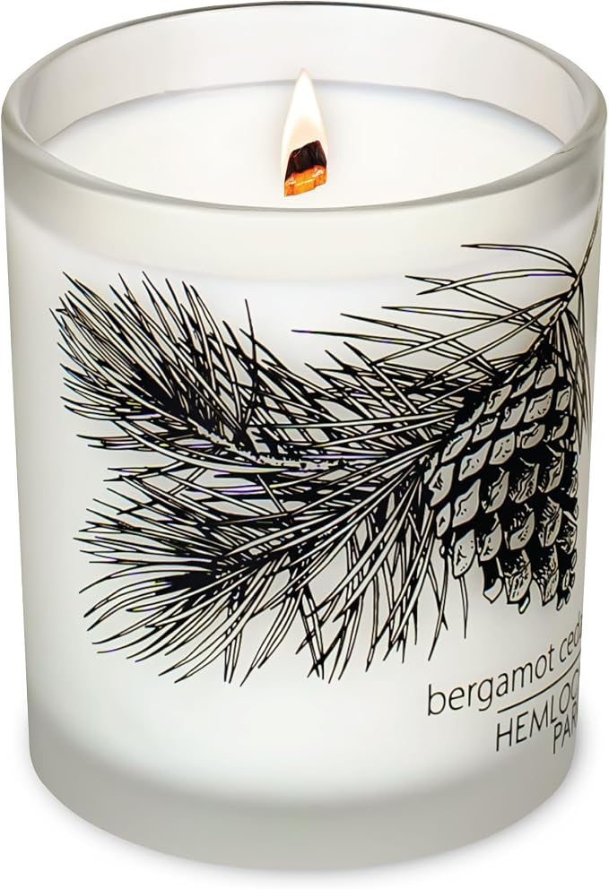 Hemlock Park Bergamot Cedar Frosted Scented Candle | Crackling Wood Wick, Botanical Fragrance & Coconut Apricot Wax | Up to 50 Hour Burn Time | 7.2 oz | Made in USA