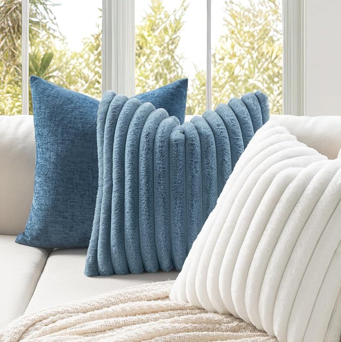 MIULEE Faux Fur Decorative Euro Sham Pillow Covers 24x24 Grey Blue 2 Pack | Coastal Modern Soft Plush Couch Pillows, Cozy Fluffy Cushion Covers for Sofa Bed Living Room Home Decor