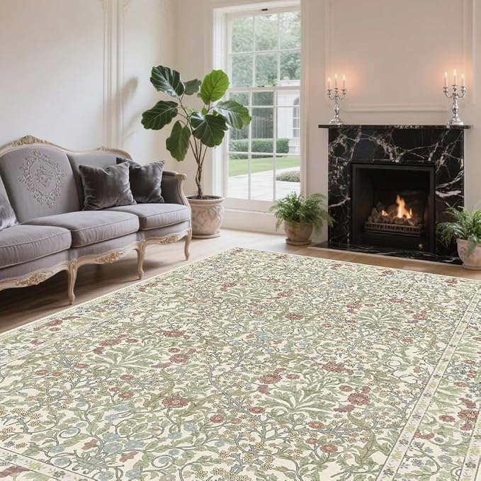 Vintage Light Green Living Room Rug, 8x10 Washable Area Rugs for Dining Room Under Table, Soft Low Pile Large Carpet Bedroom, Non-Slip Boho Floral (8 x 10 Light Green)